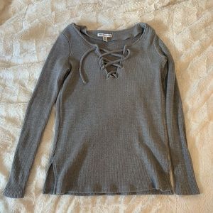 American Eagle Ribbed Lace Up Grey Sweater